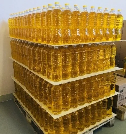 Pallets of bottled sunflower oil ready for loading