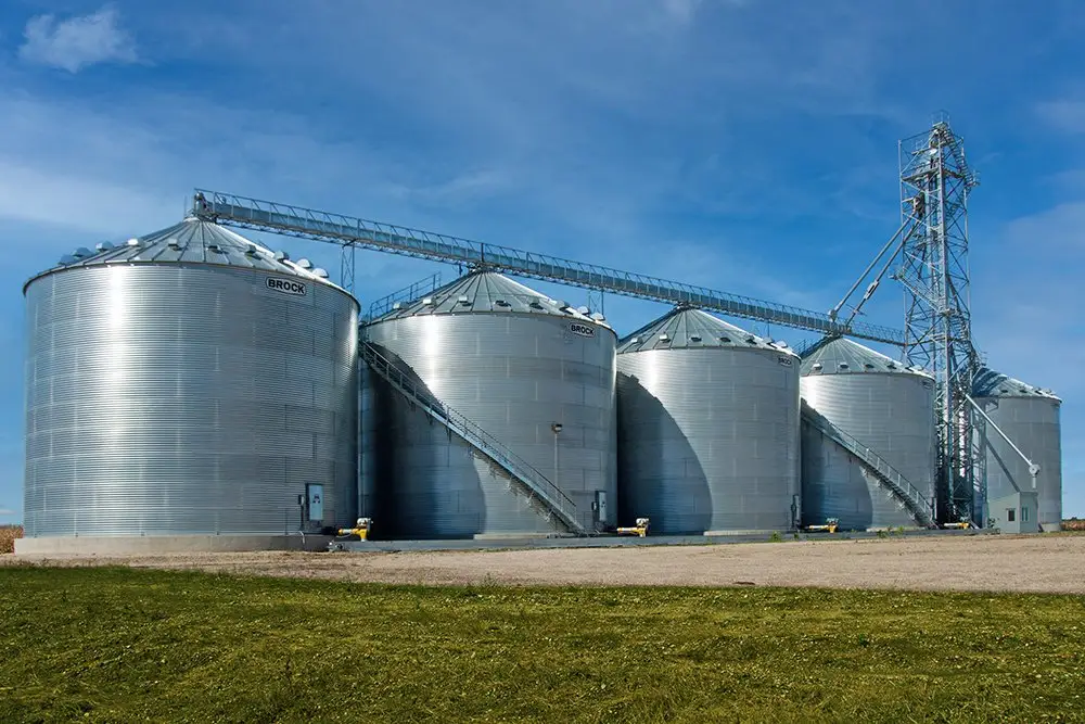 Grain storage silos on a farm
