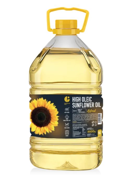 Refined high oleic sunflower oil in a PET bottle with handle