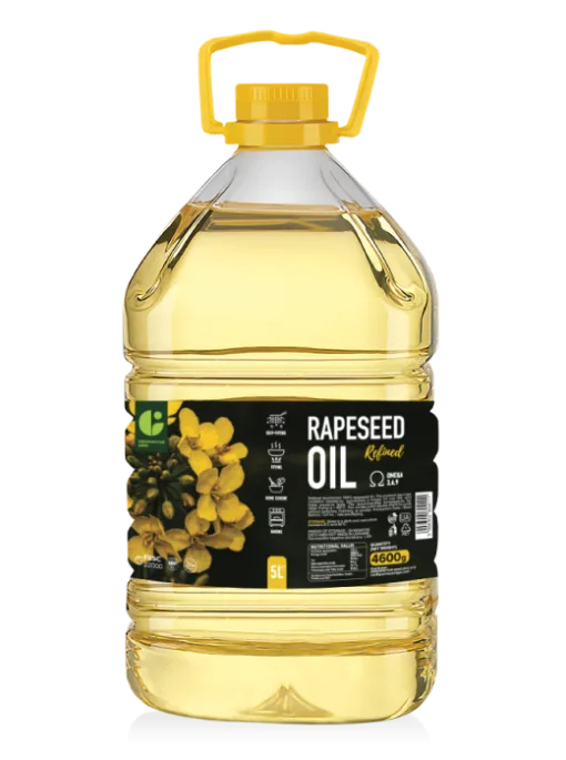 Refined rapeseed oil in a PET bottle with handle