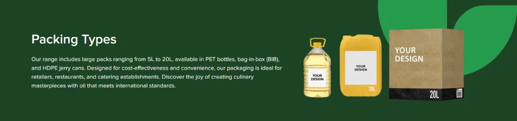 Packing types for frying oil: PET bottles, jerry cans and bag-in-box